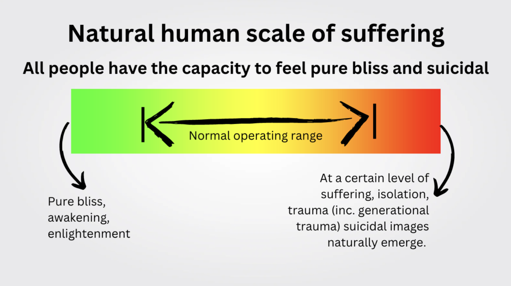 Natural human scale of suffering - all people have the capacity to feel pure bliss and suicidal.